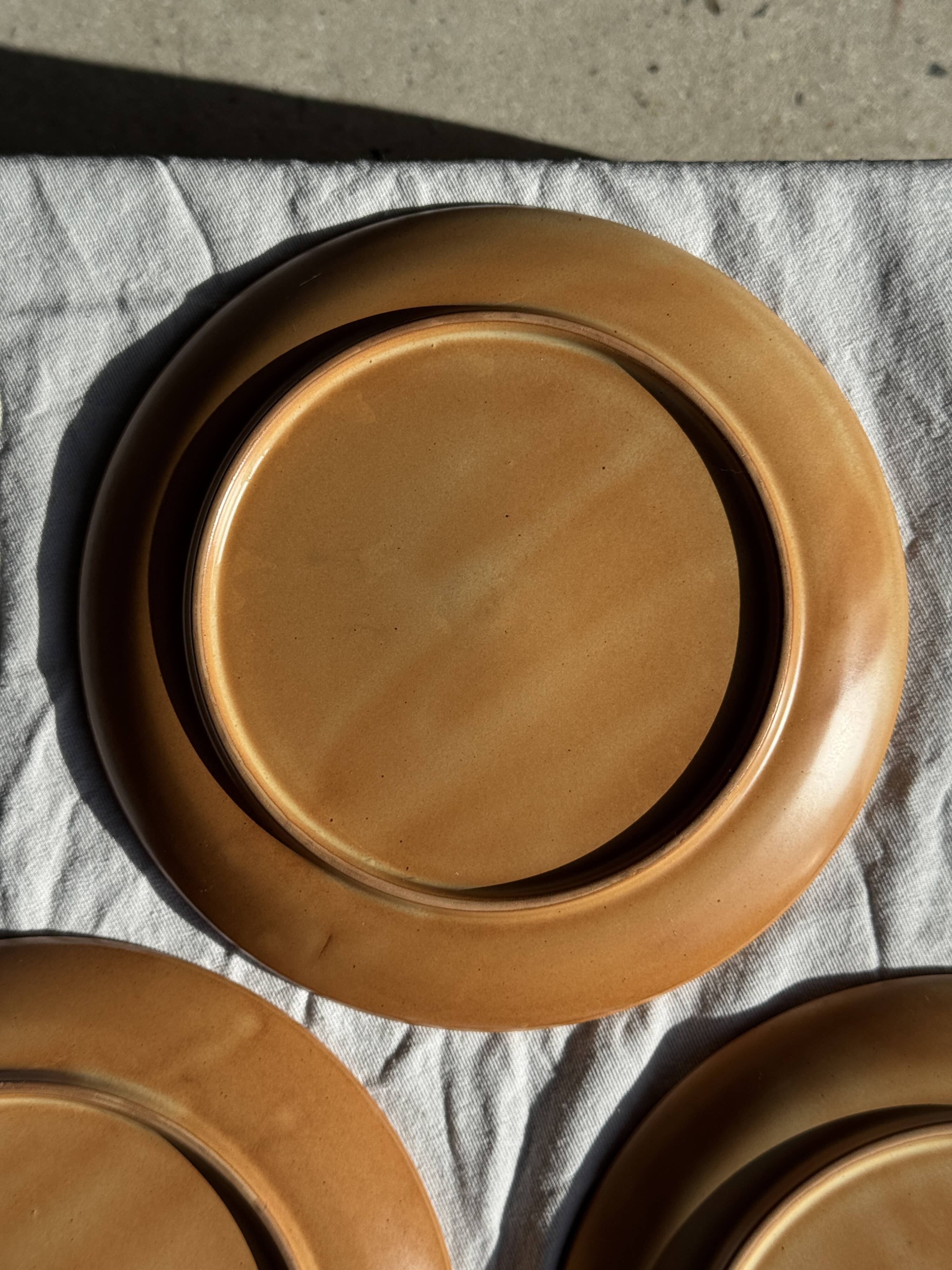 Set of 4 flat dinner plates in stoneware, no brand underneath.