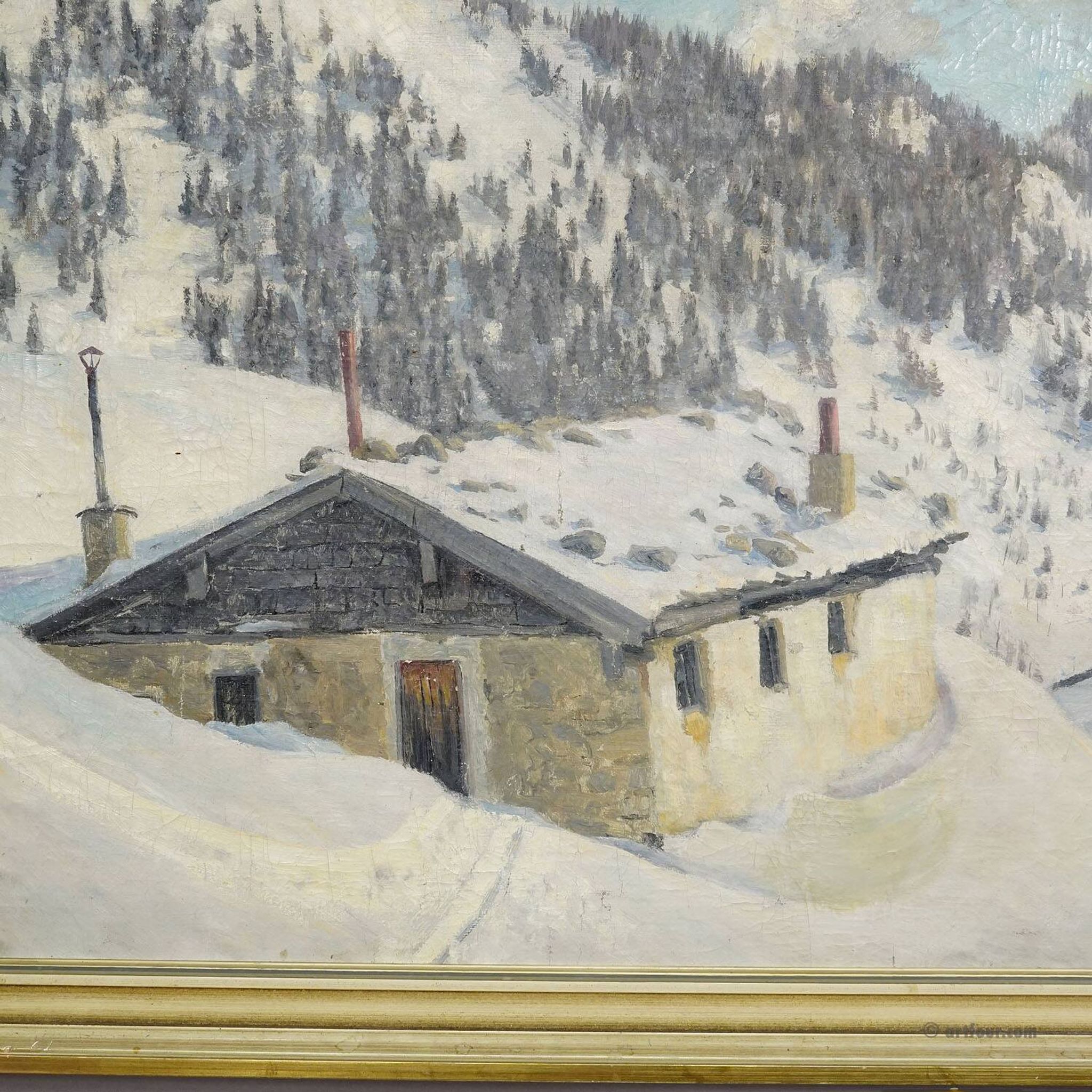 Peinture impressionniste d'une cabane alpine en hiver