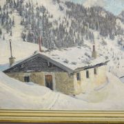 Peinture impressionniste d'une cabane alpine en hiver