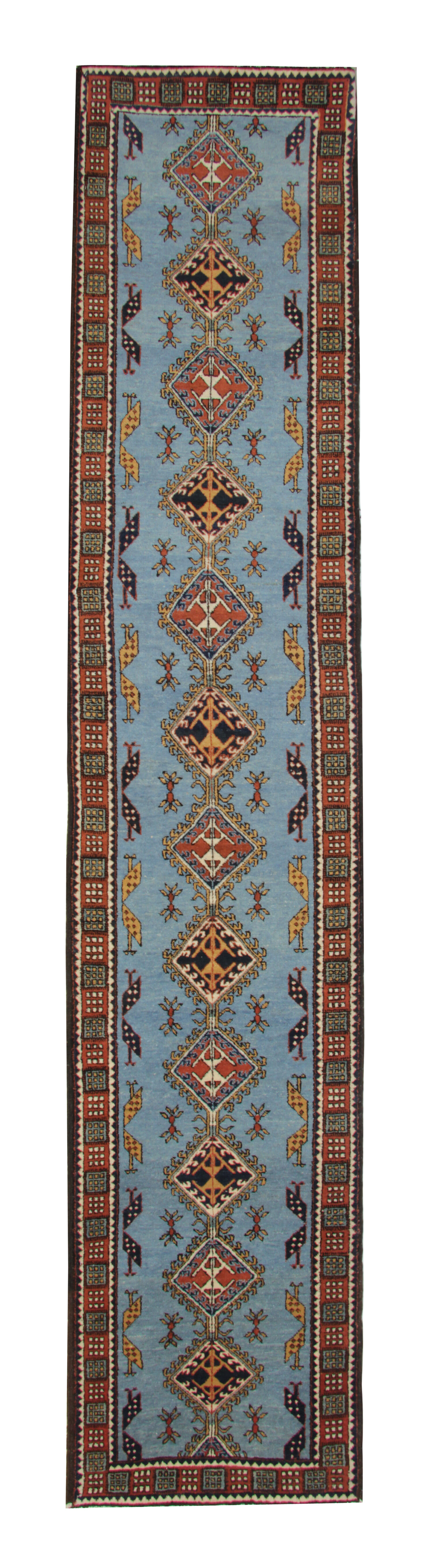 Handwoven Blue Wool Geometric Runner Rug long Traditional Persian Carpet 93x404cm