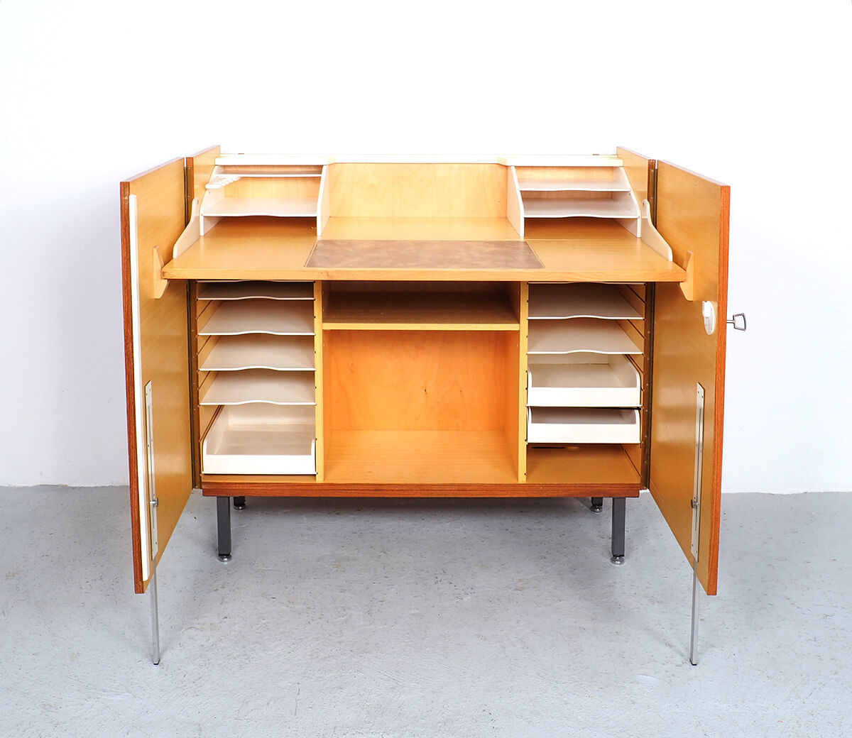 Vintage teak desk in cabinet, 1960s