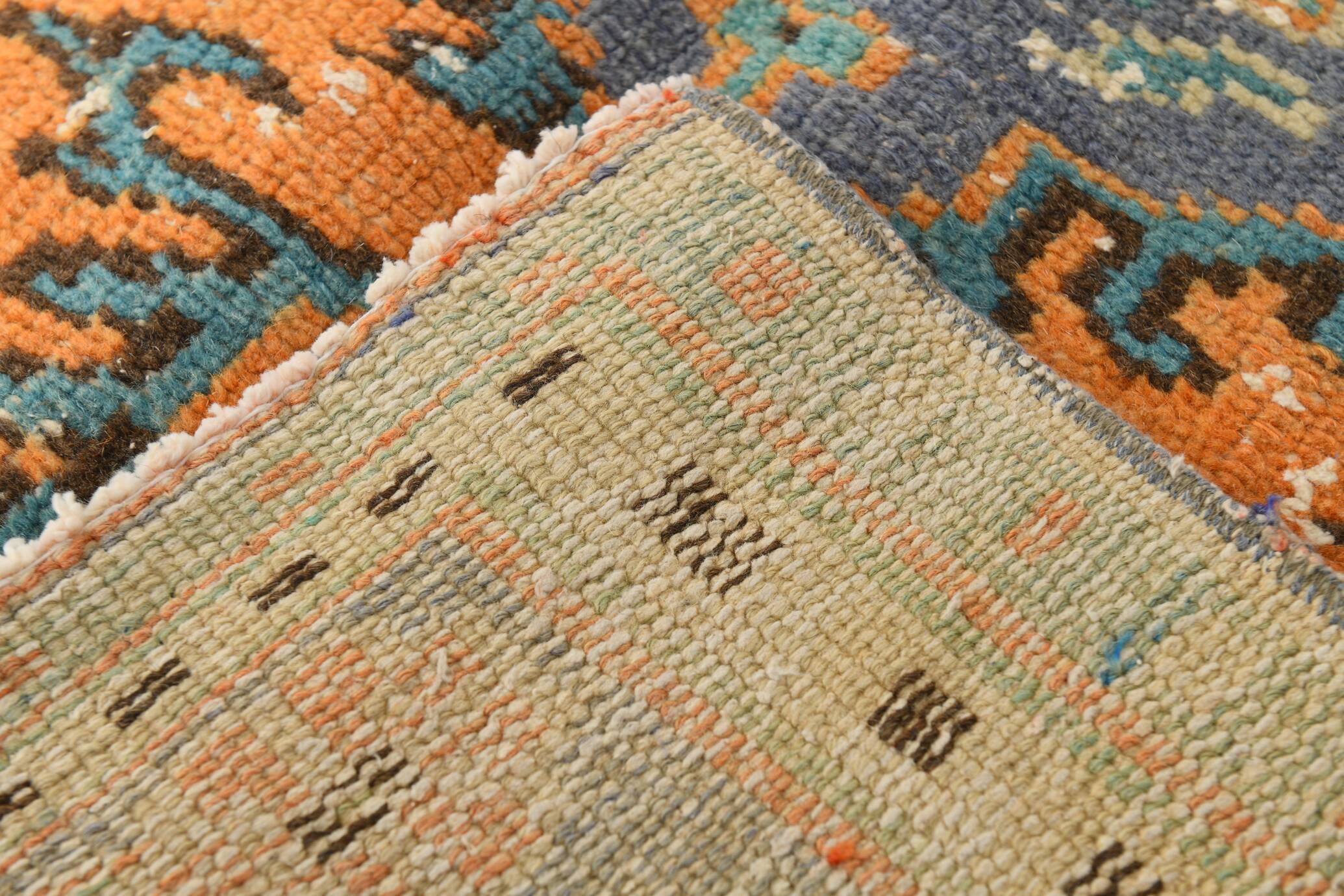 6x9 Vintage Peach Color Blue Medallion Handmade Vintage Rug, 175x290 Cm