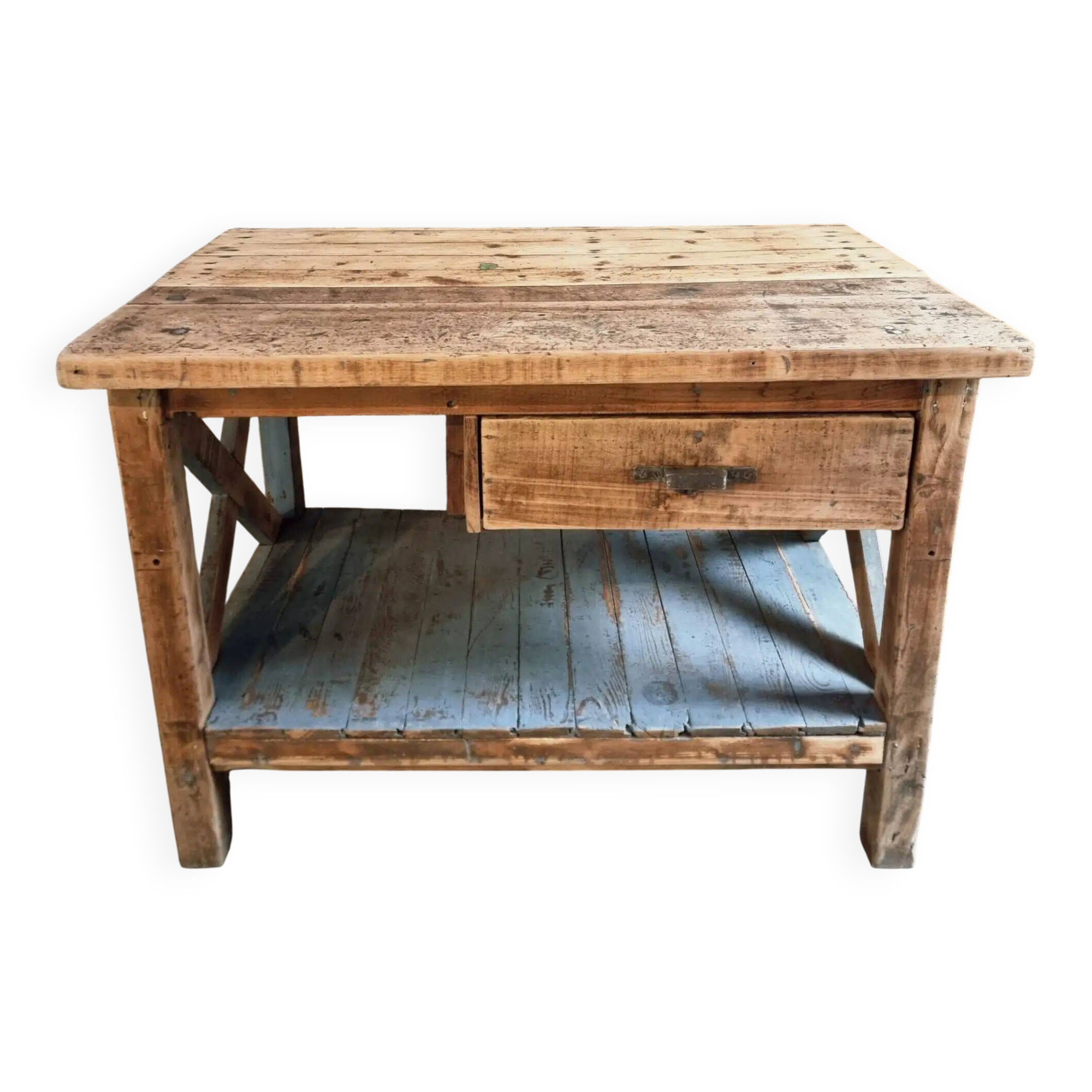 Vintage French industrial workbench – 1920s/1930s oak and pine table with drawer