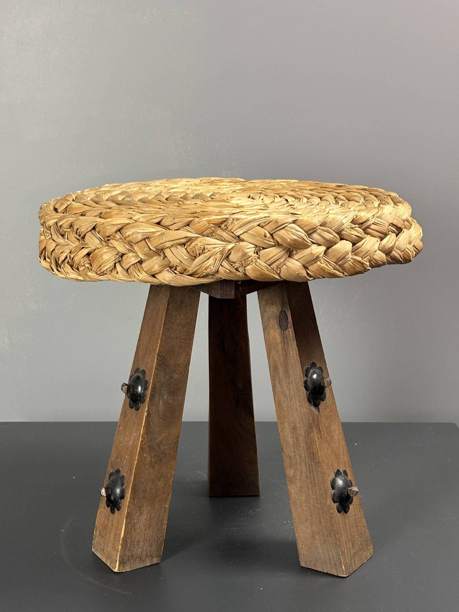 Midcentury braided rope tripod stool in the style of Audoux & Minet, 1950s