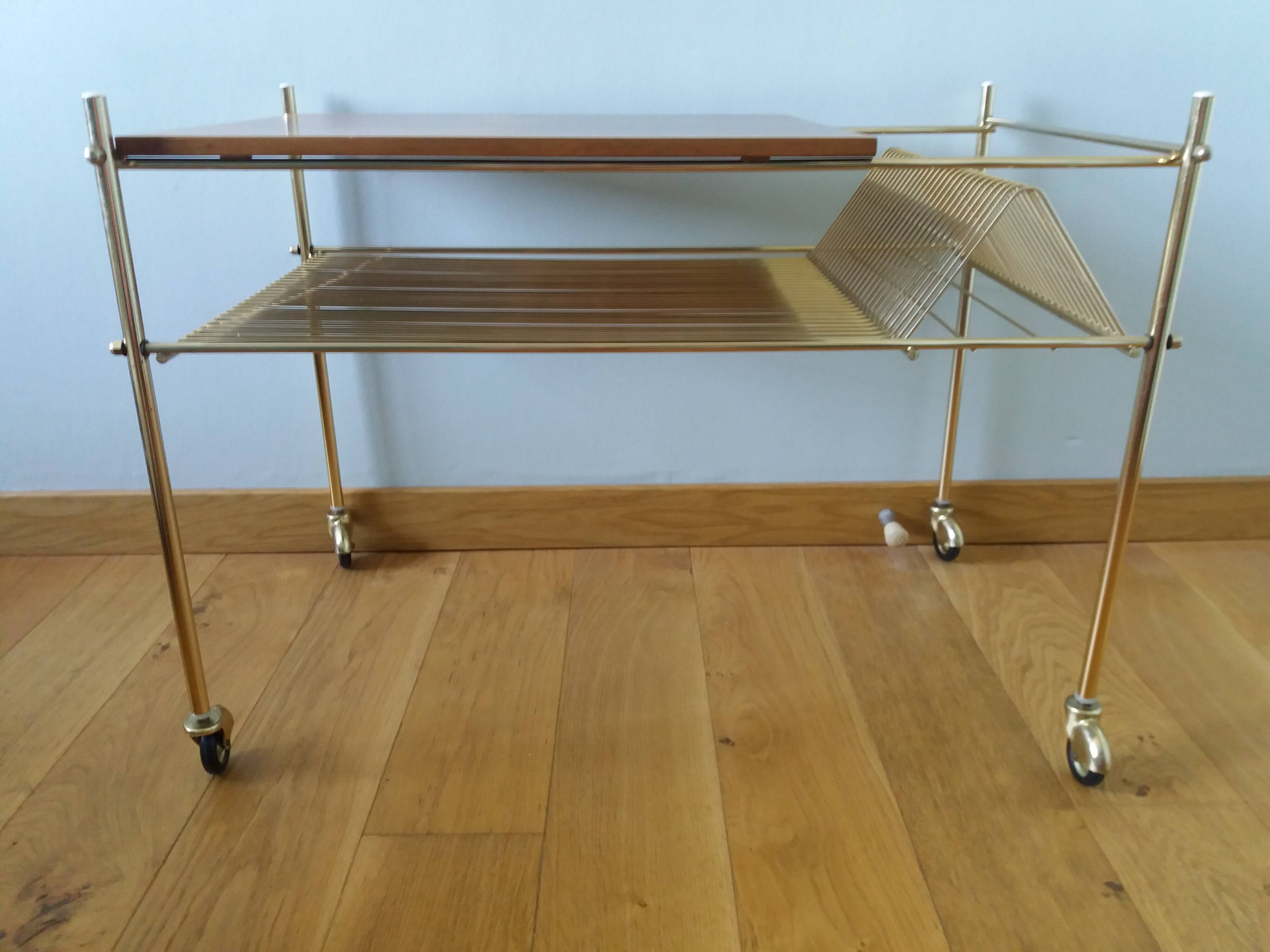 Vinyl hi-fi console with wheels in gold metal and wood