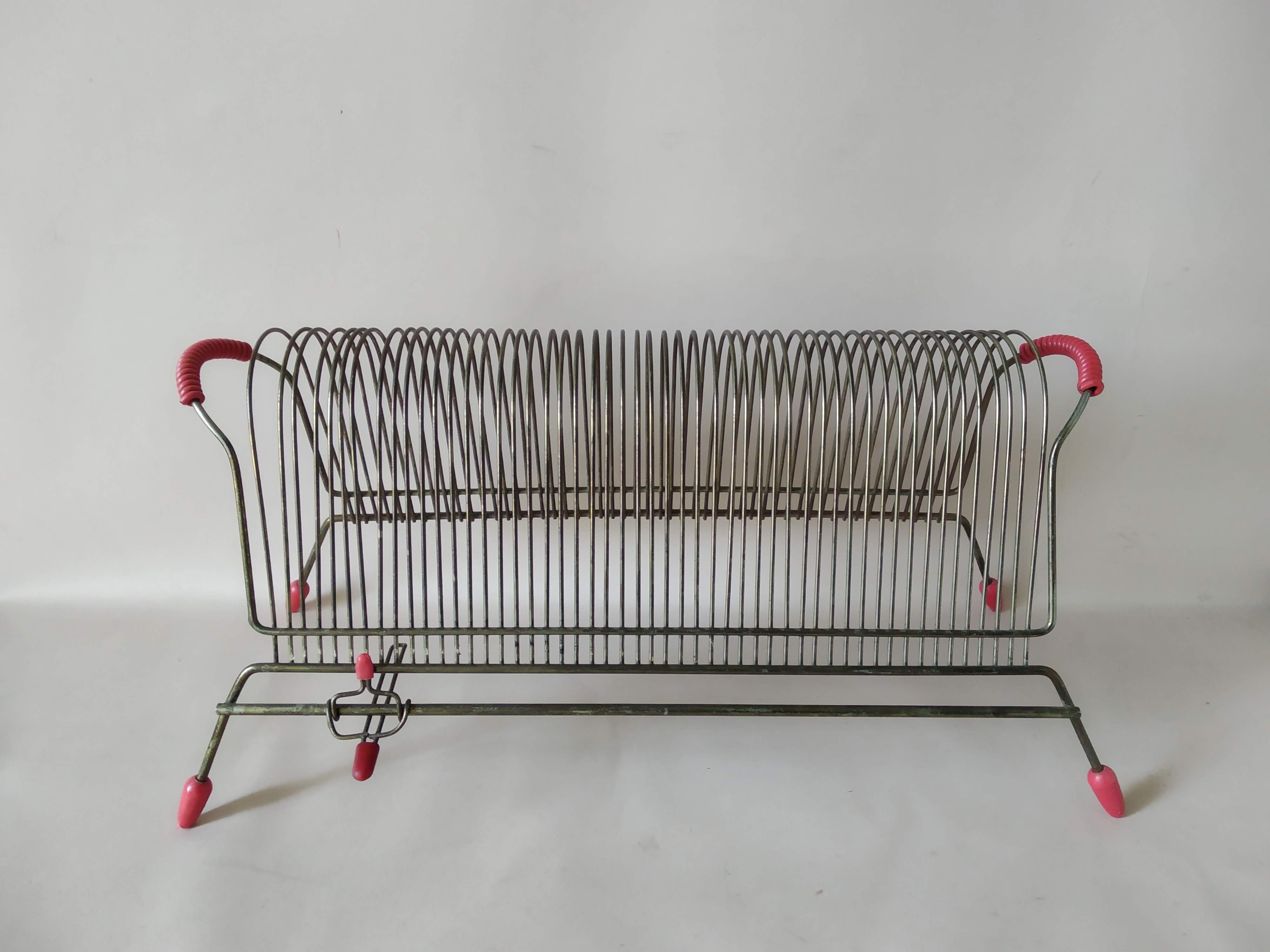 Vinyl records holder metal & vintage scoubidou 50-60