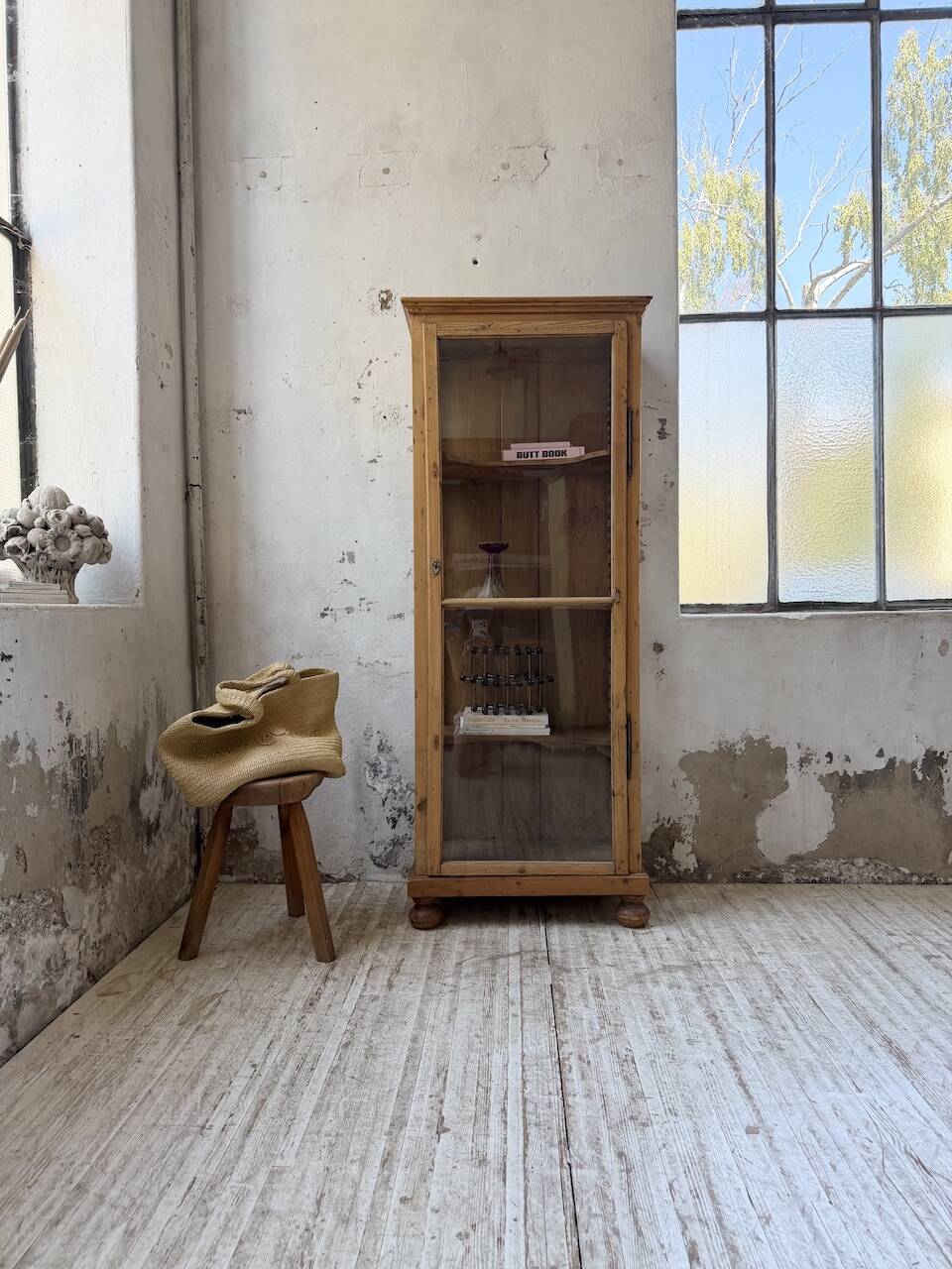 19th-century English pine display cabinet