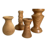 Four wooden vases and candlesticks