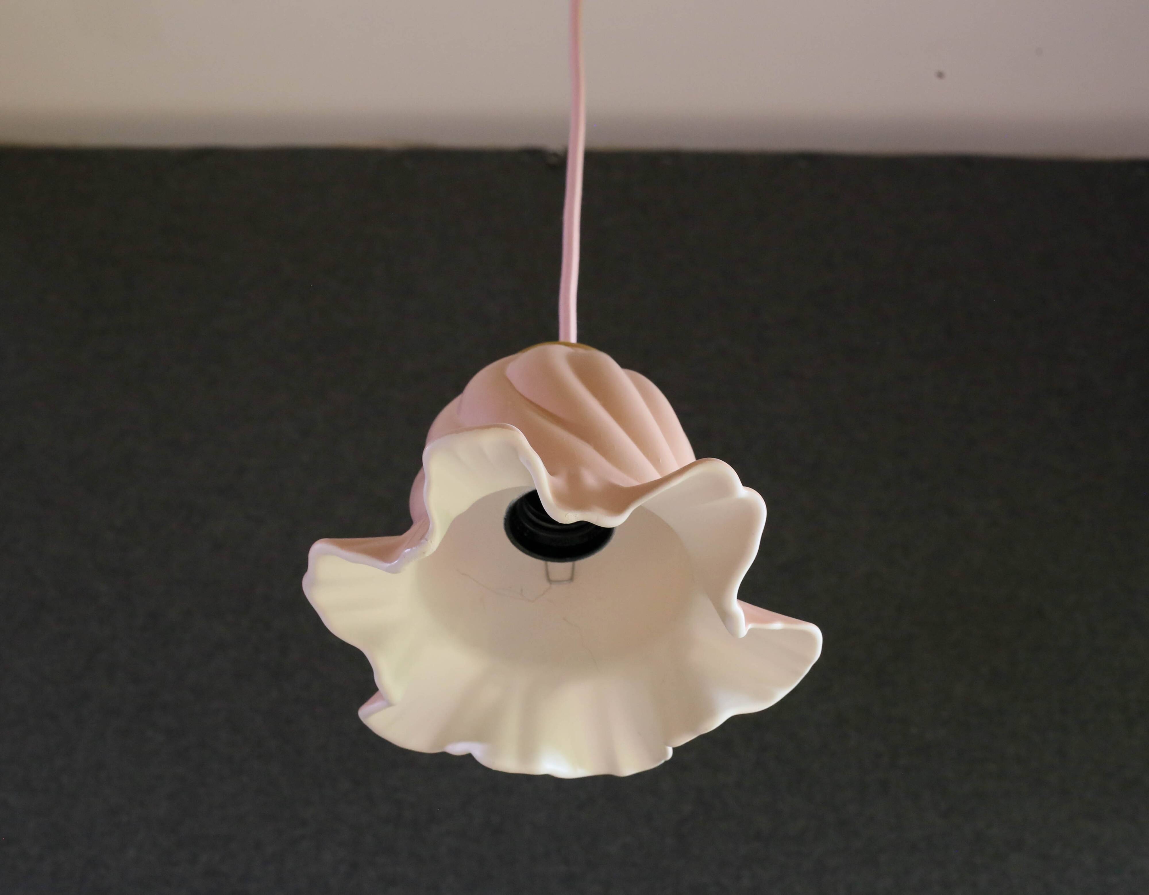 Old pendant light in pink and white painted glass, French pendant light - delivered with socket and cable