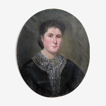Old oval portrait of a woman, Painting on canvas of the 19th century