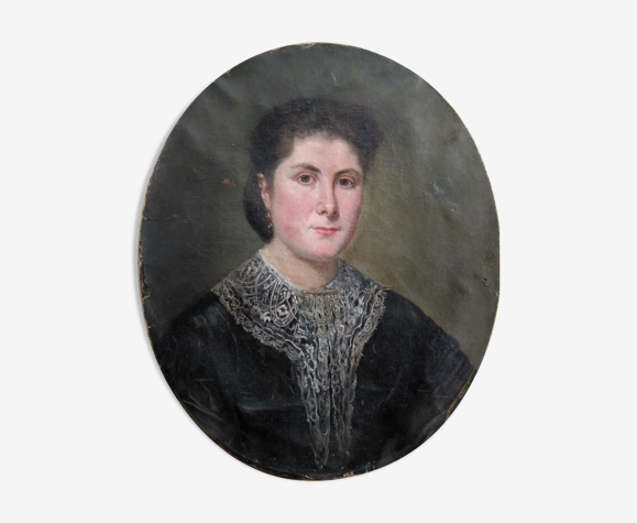 Portrait ovale ancien de femme, peinture sur toile du 19éme siécle