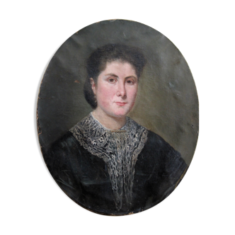 Old oval portrait of a woman, Painting on canvas of the 19th century