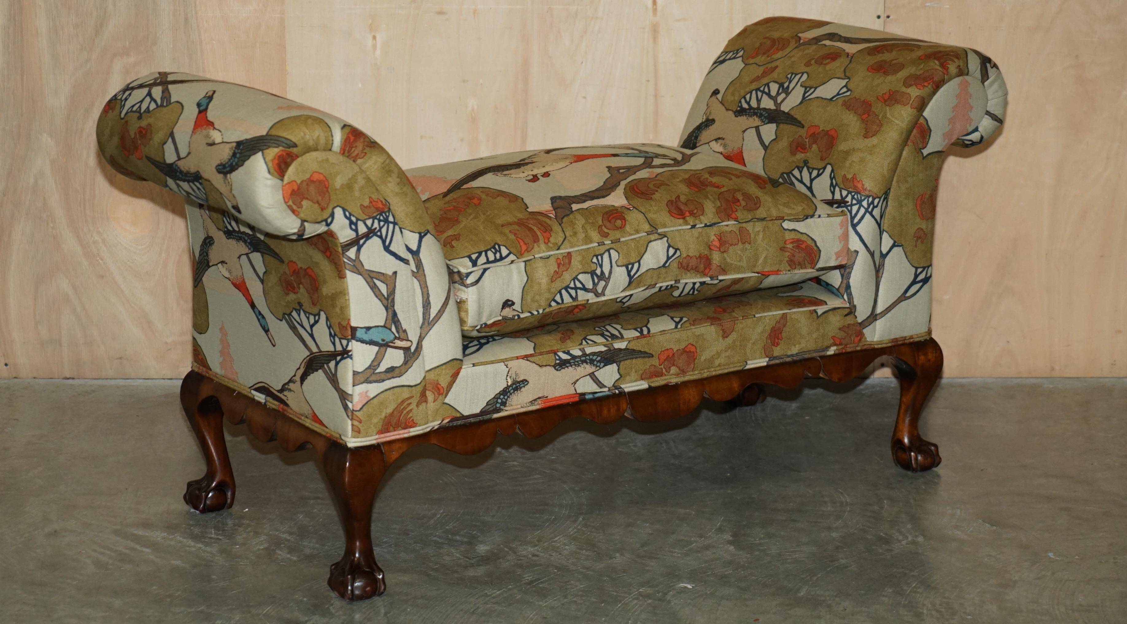 Antique banquette with cluster and ball feet, window seat in Mulberry Flying Ducks fabric.