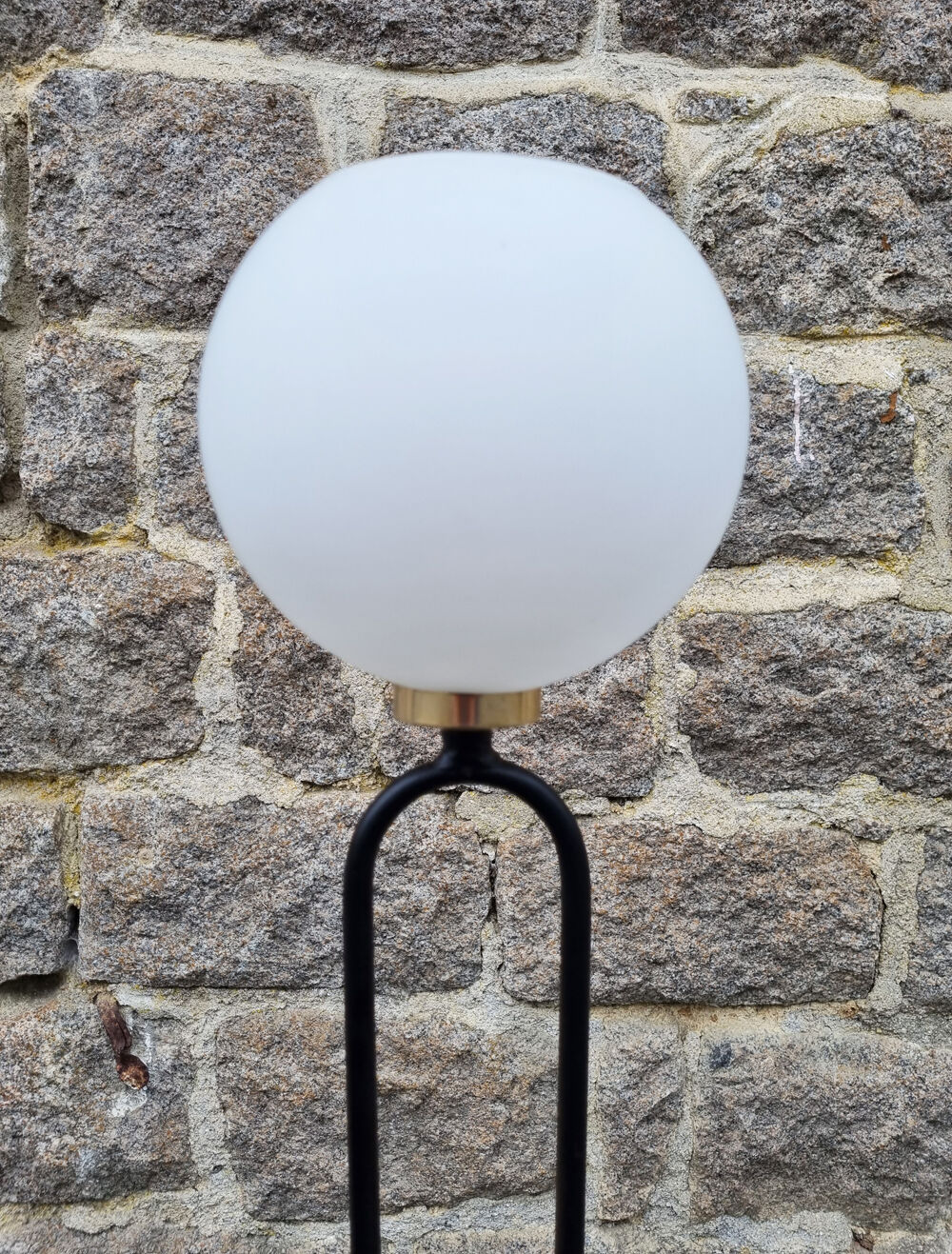 Tripod floor lamp design, steel, brass and opaline, vintage, 50s