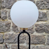 Tripod floor lamp design, steel, brass and opaline, vintage, 50s