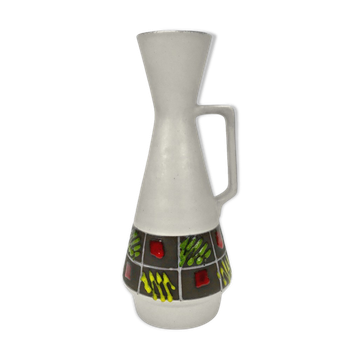 Fifties matte white handle vase with abstract patterns