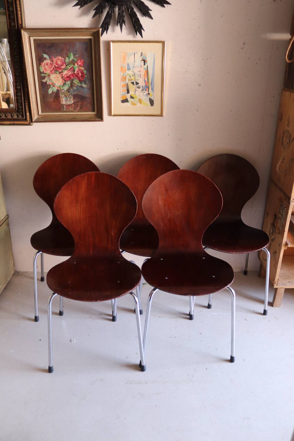 5 chaises style fourmi en contreplaqué moulé et métal chromé, esprit s