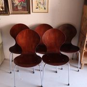 5 chaises style fourmi en contreplaqué moulé et métal chromé, esprit s