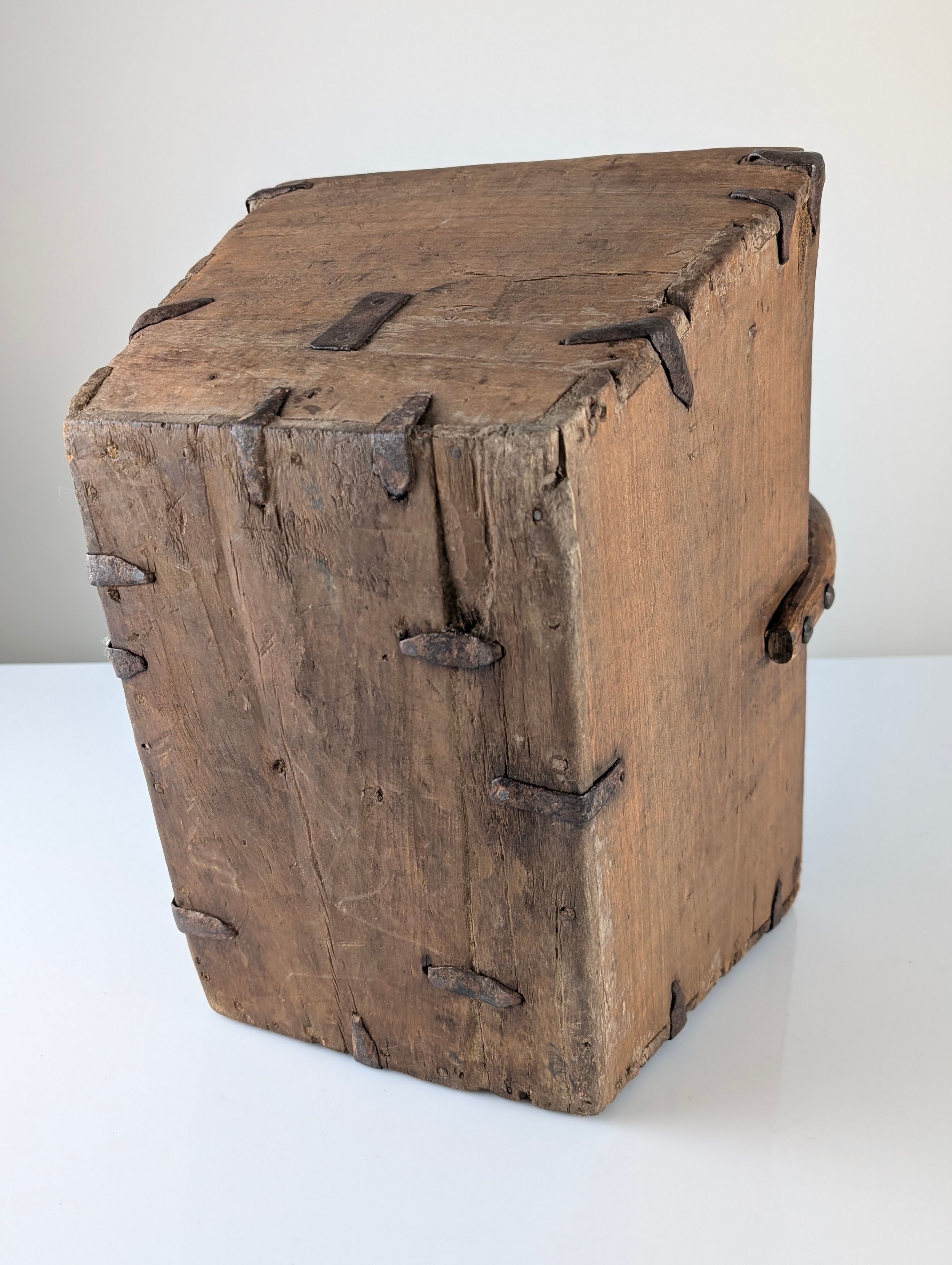 Antique wooden log basket with wrought iron fittings, Wabi-Sabi, 19th century
