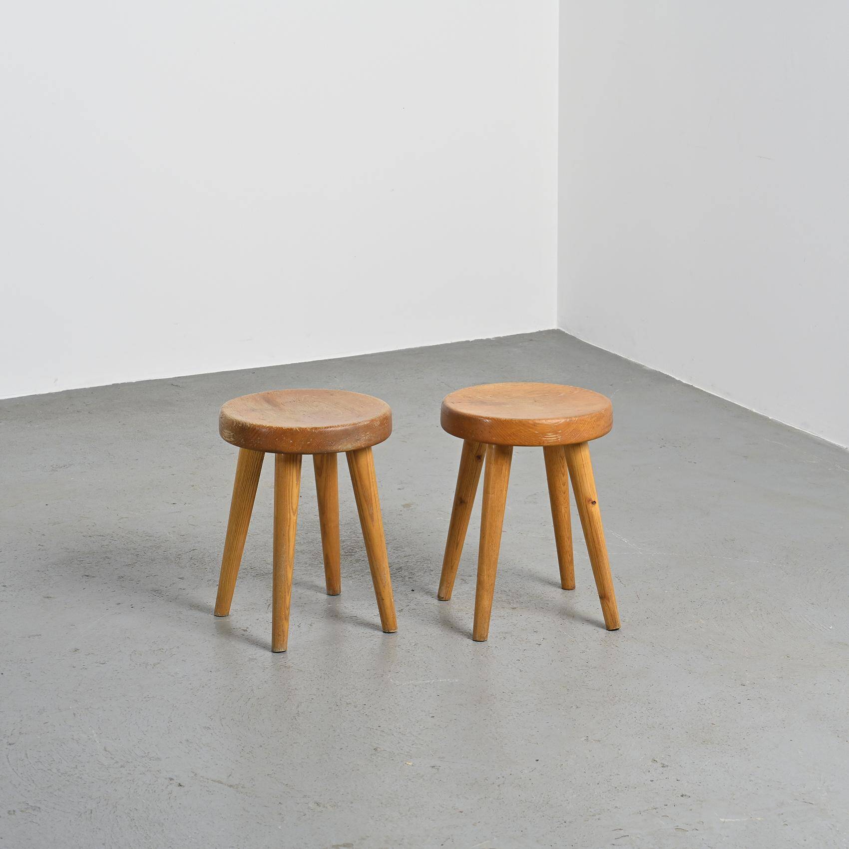 Pair of pine stools by René Martin, France, circa 1965
