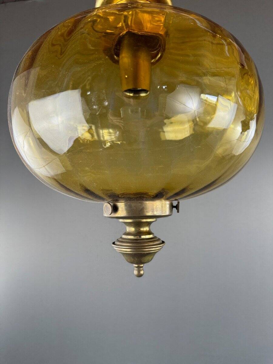 Pair of vintage amber blown glass lantern pendant lights, 20th century