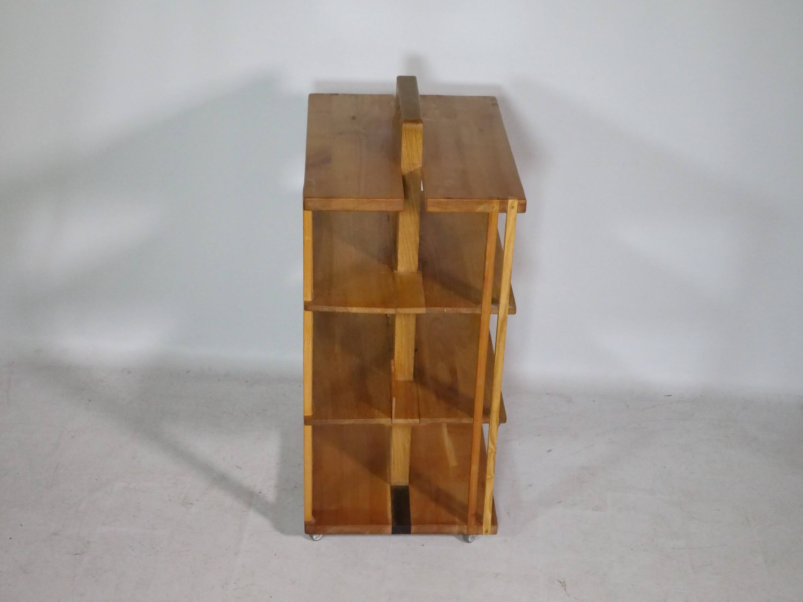 Solid cherry wood rolling shelf, unique piece, 1970s