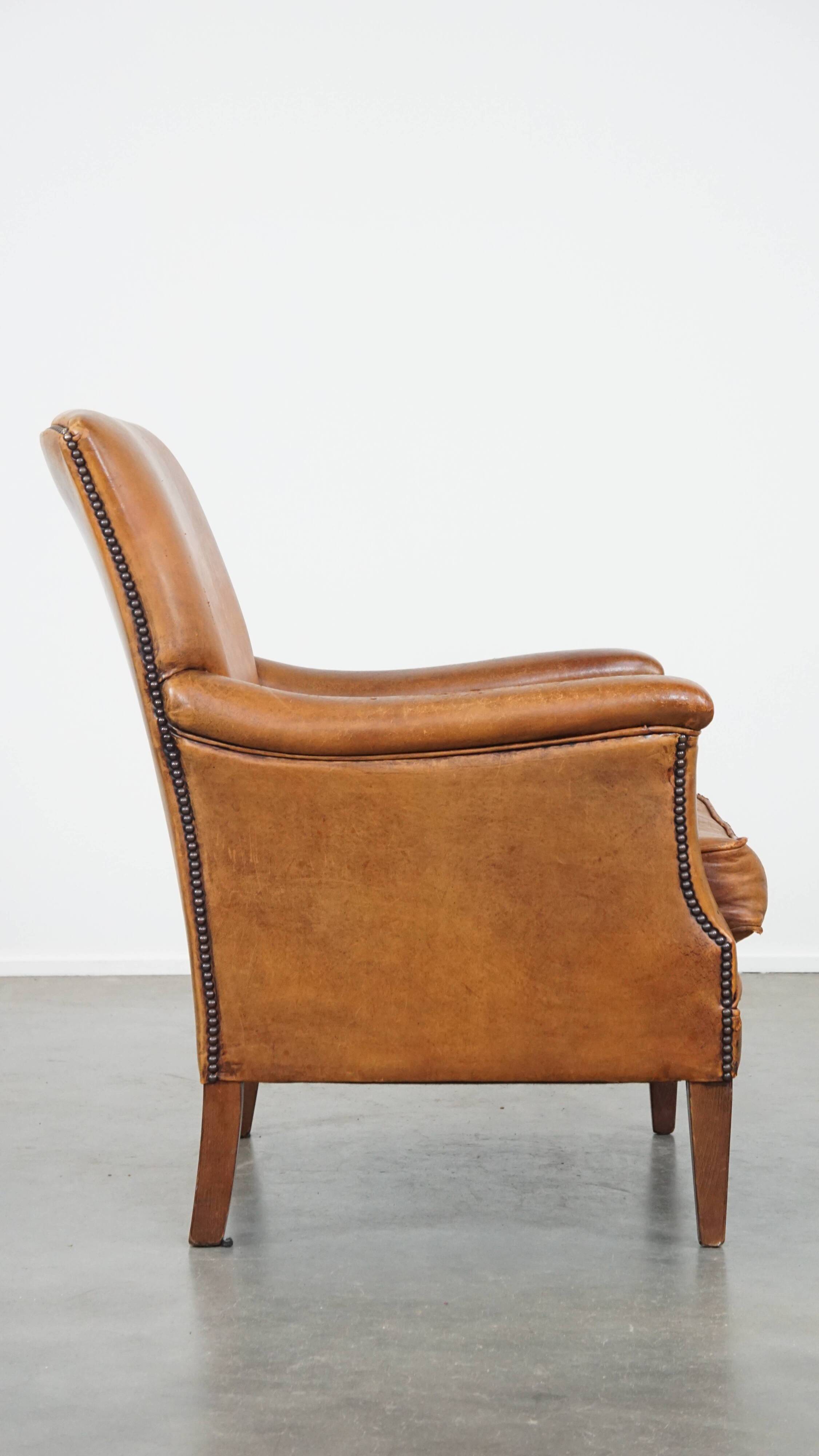 Cognac-Colored Sheepskin Leather Armchair with Straight Lines