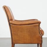 Cognac-Colored Sheepskin Leather Armchair with Straight Lines