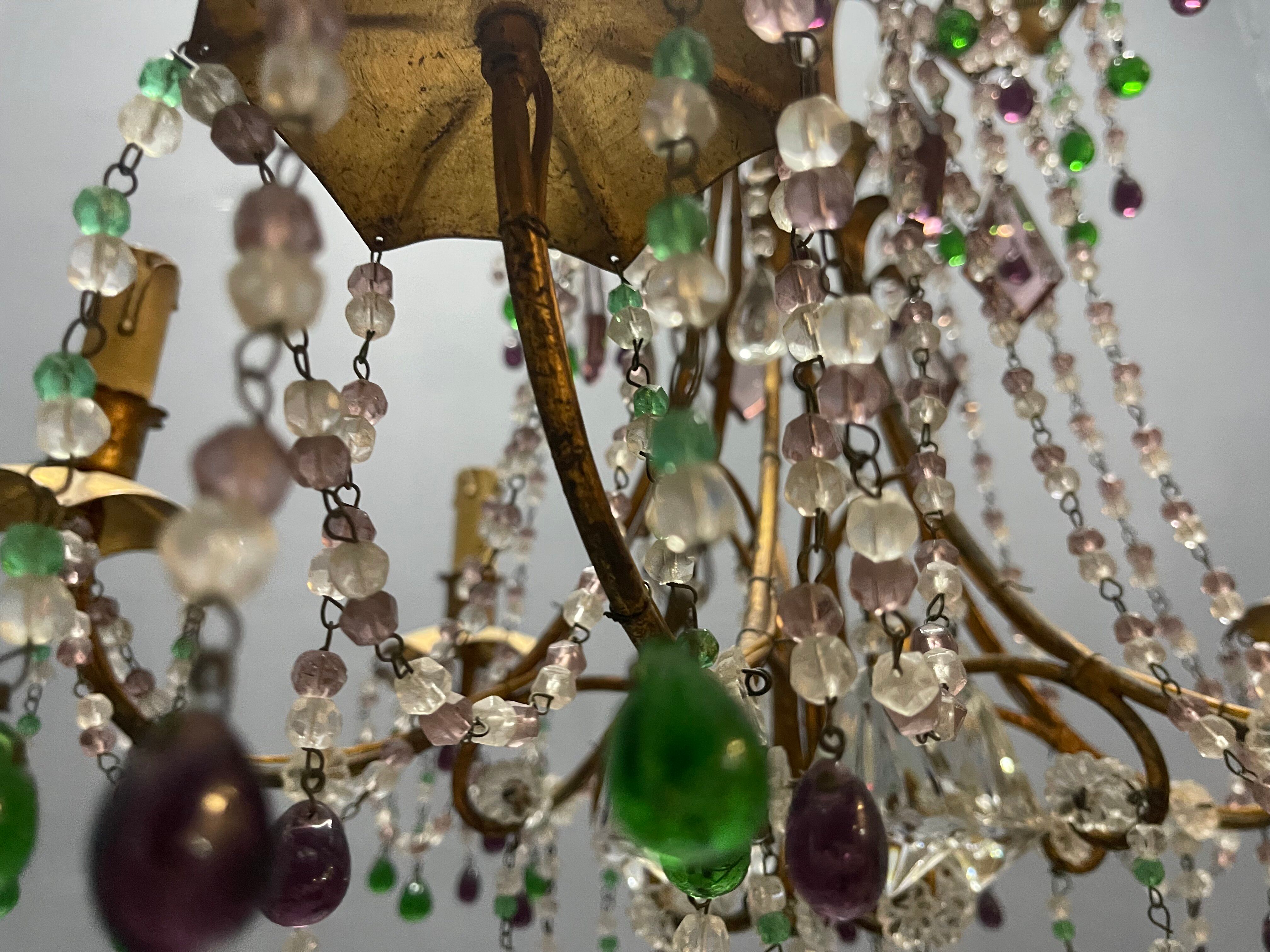 Chandelier en verre de Murano perlé doré en tole florentine italienne des années 1950 à 6 lumières