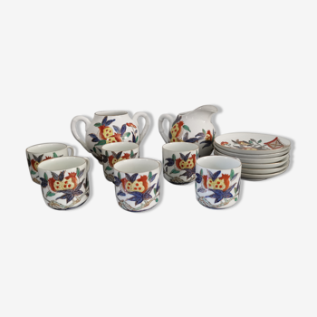 Set of 6 cups and its 6 under cups, teapot and fine milk jar porcelain Japan/China
