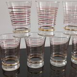 Set of 7 vintage glasses with gold and red edges from the 50s/60s