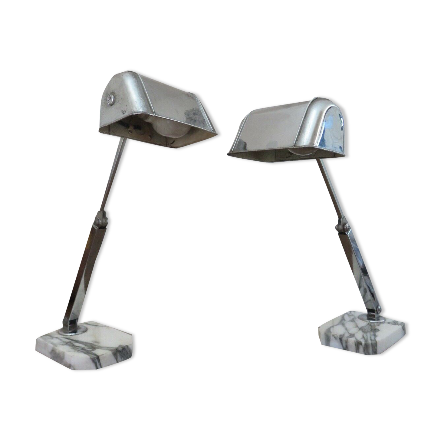 Pair of Art Deco lamps in chrome brass and Carrara marble 30s 40s