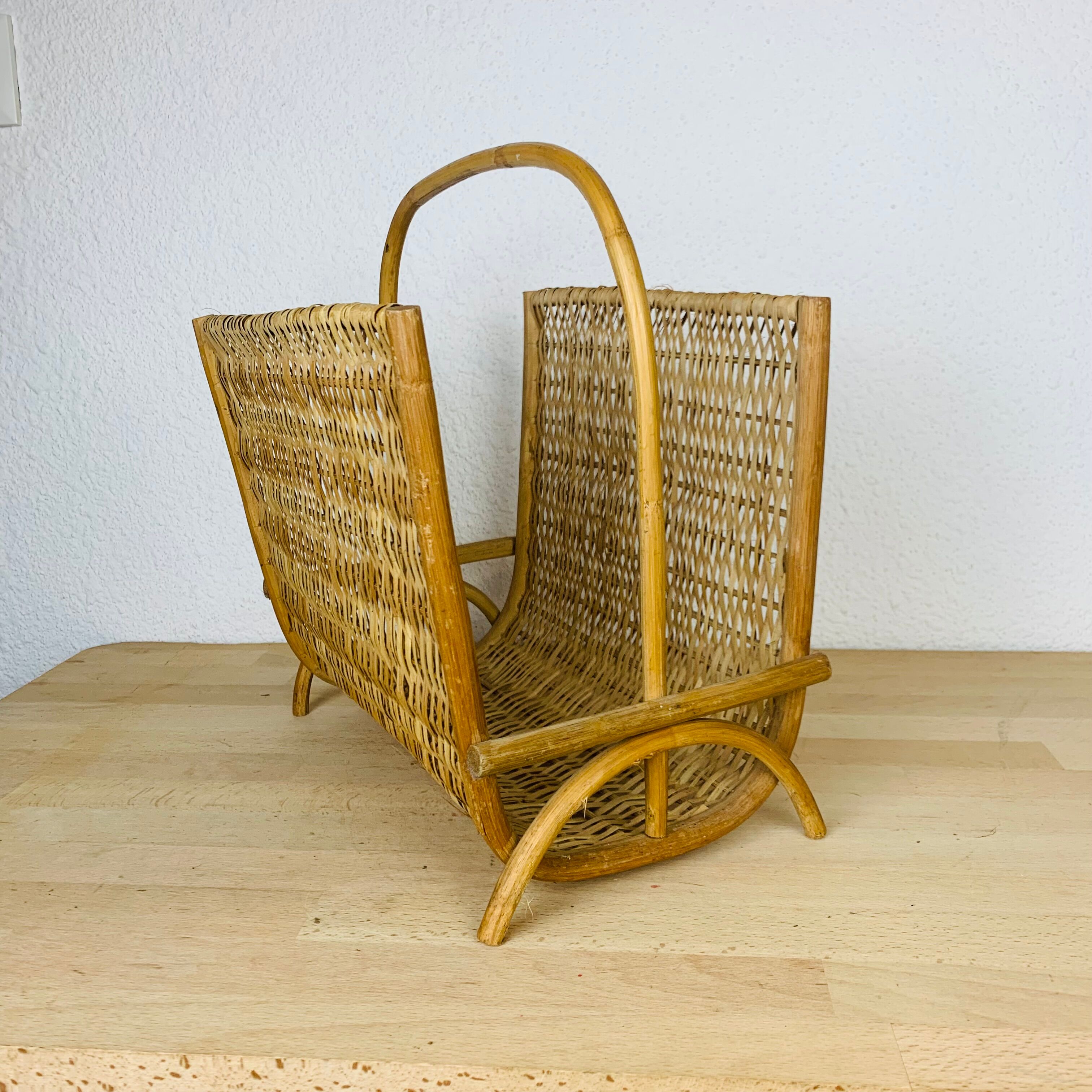 Vintage rattan magazine holder 60s