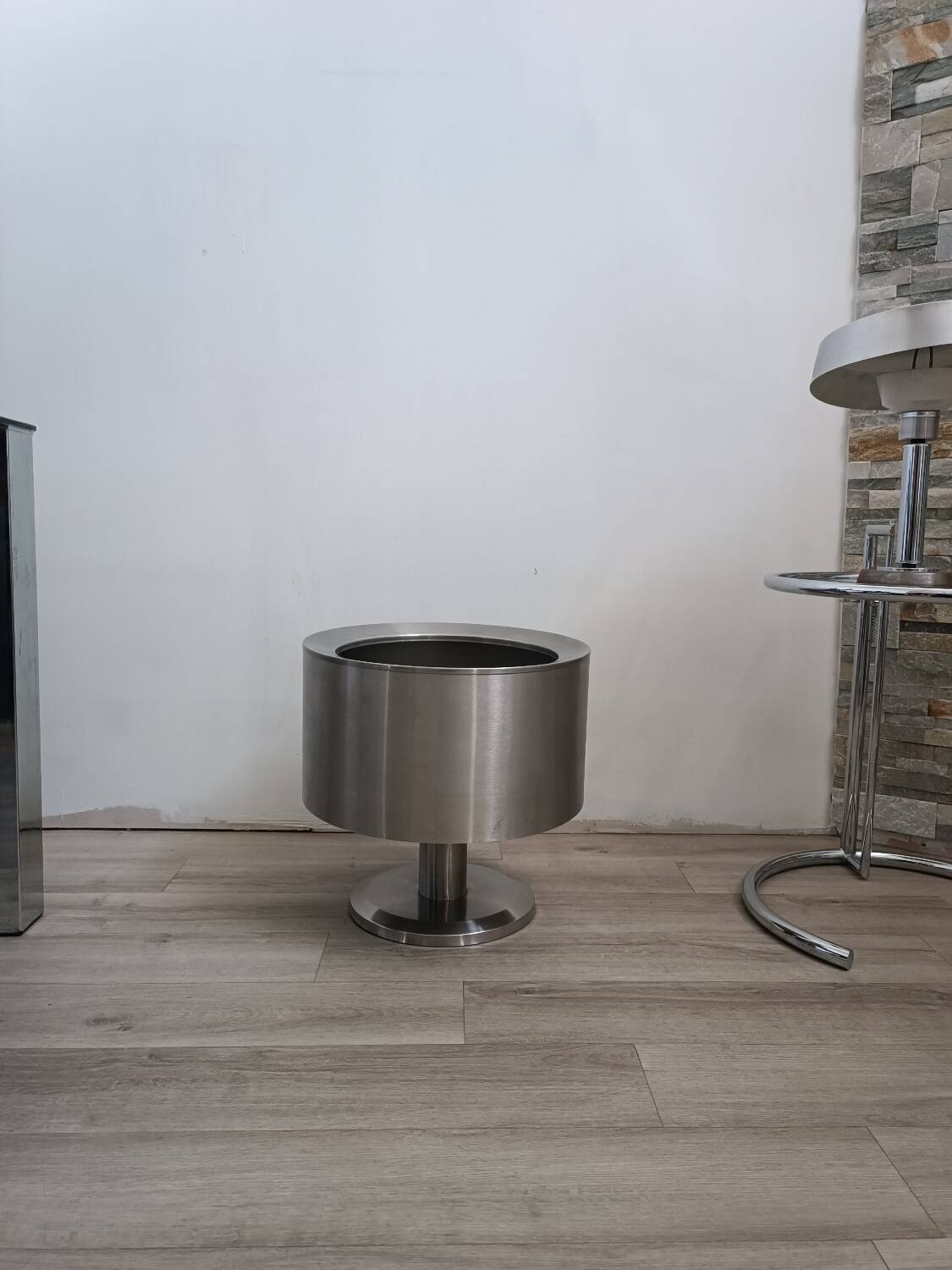 Large brushed metal plant pot holder 1970