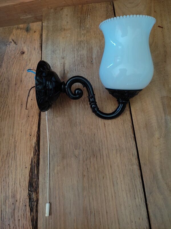 Wall lamp alloy black tulip in white glass Old deco
