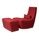 Rocking chair and footstool in red wool by Ligne Roset, France