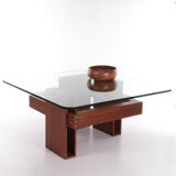 French Brutalist Design coffee table of teak with glass top, 1970