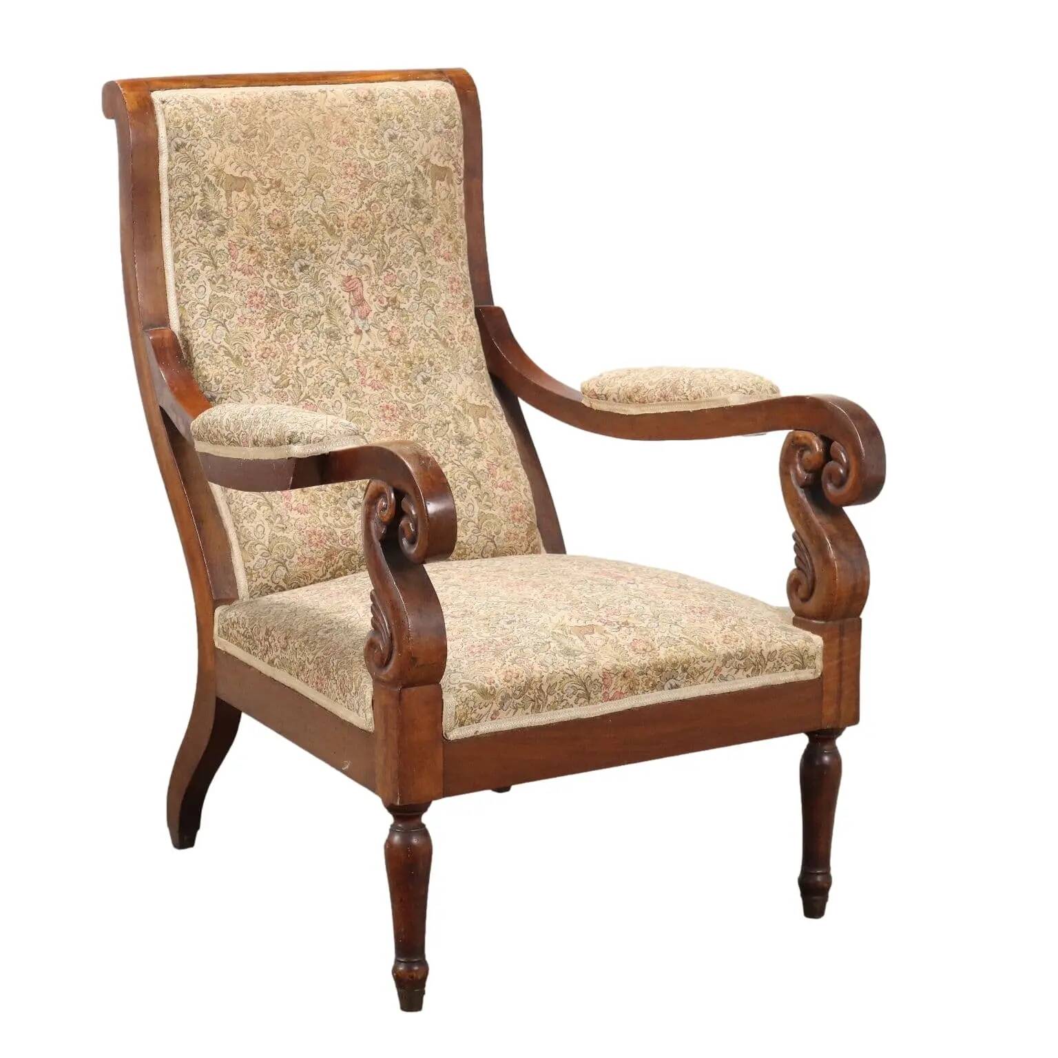 Antique Louis-Philippe armchair in walnut and fabric, Italy, 19th century