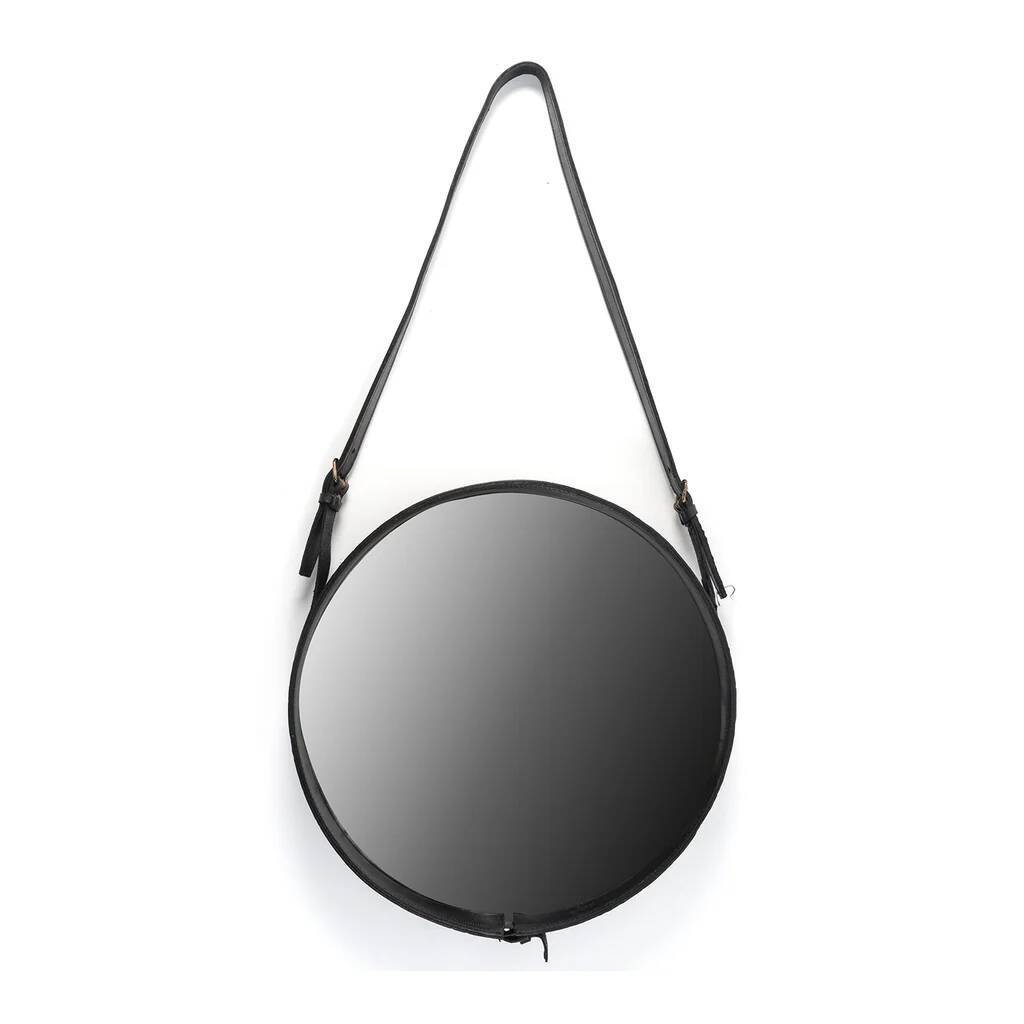 Leather strap mirror attributed to Jacques Adnet, France, 1960s.