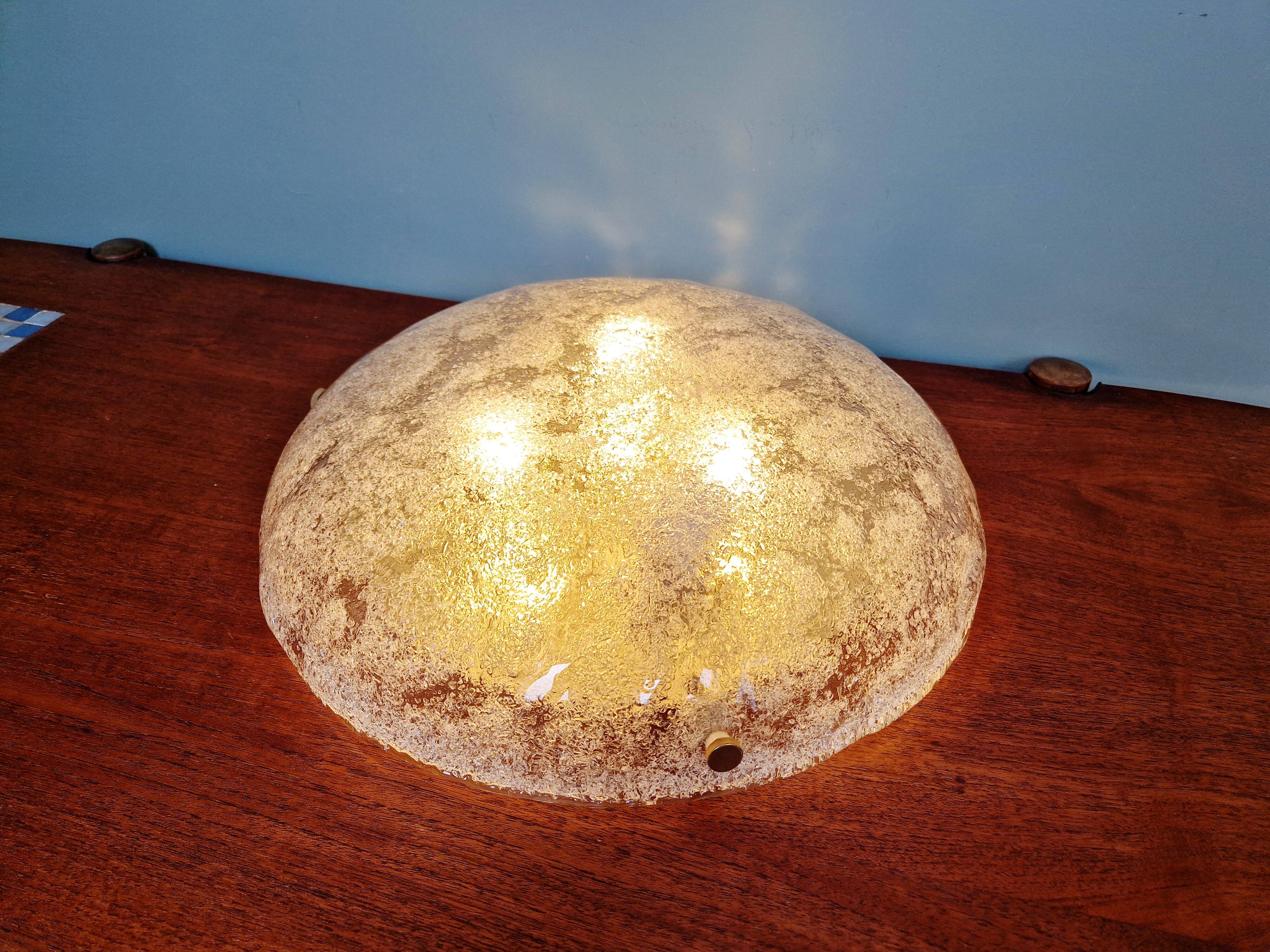 Large brass and frosted glass ceiling light, Hillebrand, 1970.