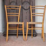 Pair of wooden chairs with vintage rope seats, vintage rope chairs