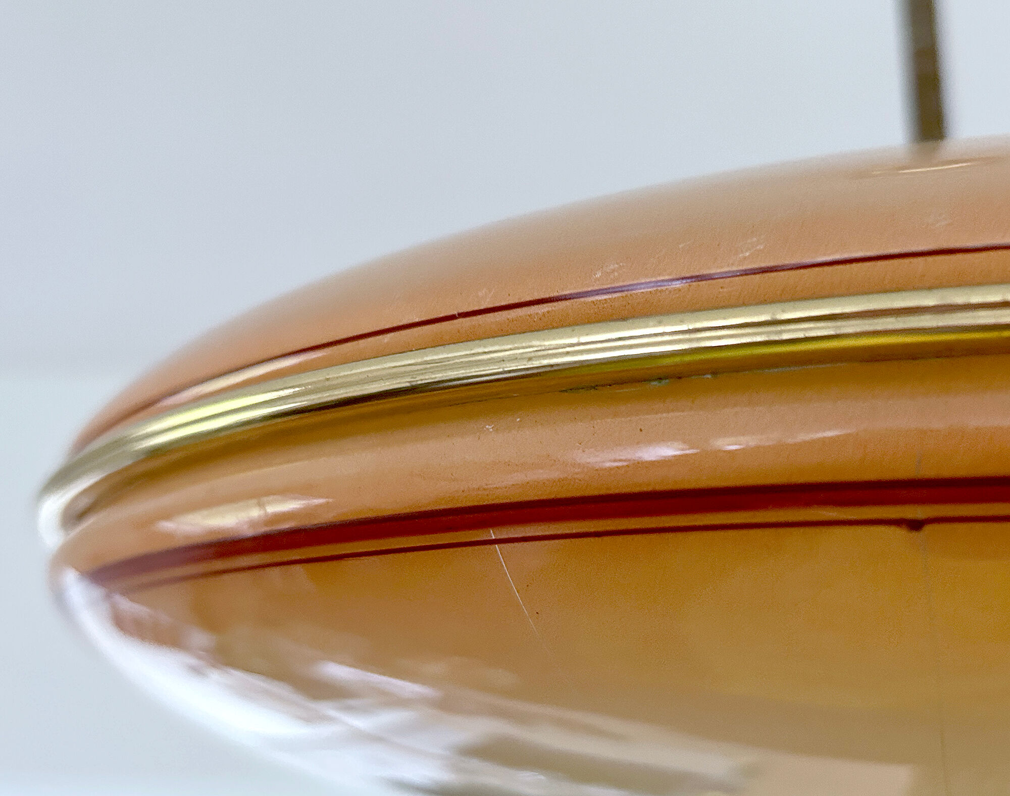 Vintage art deco pendant lamp, gradient glass, red beige, brass, 30 years