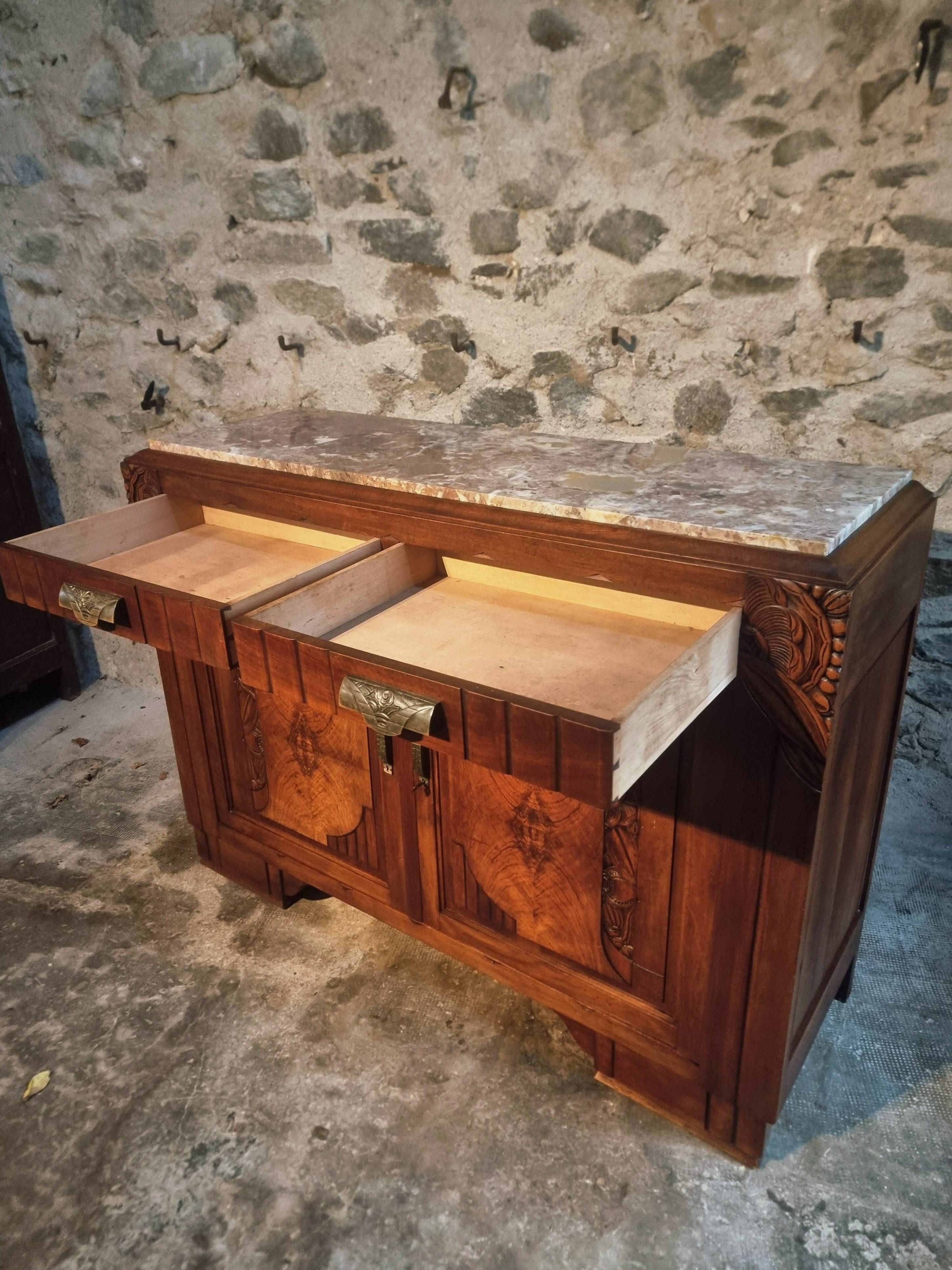 French Art Deco walnut sideboard with marble top (1930s)