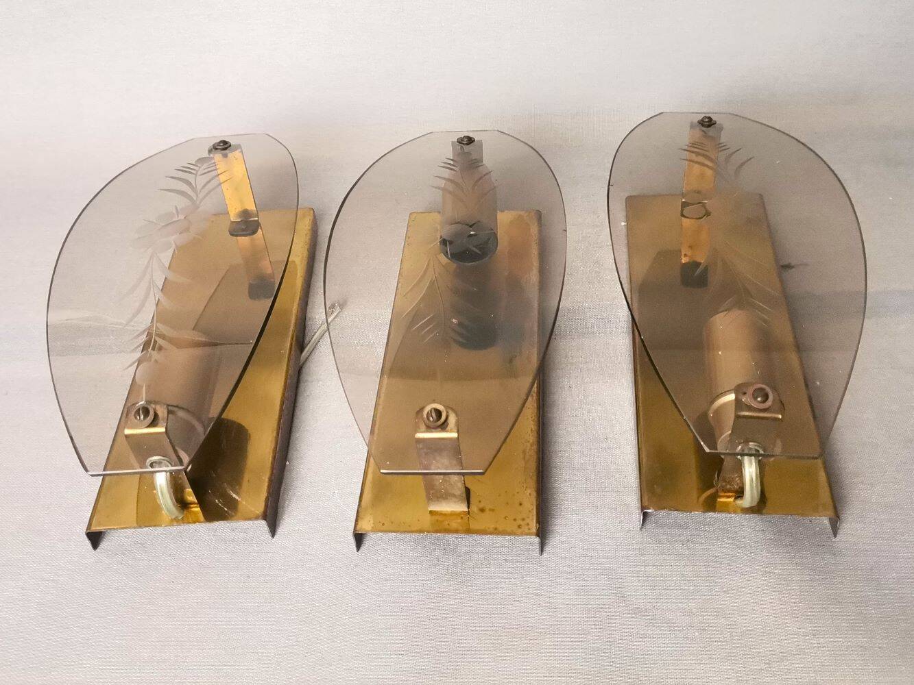Set of 3 smoked glass and brass wall sconce lamps