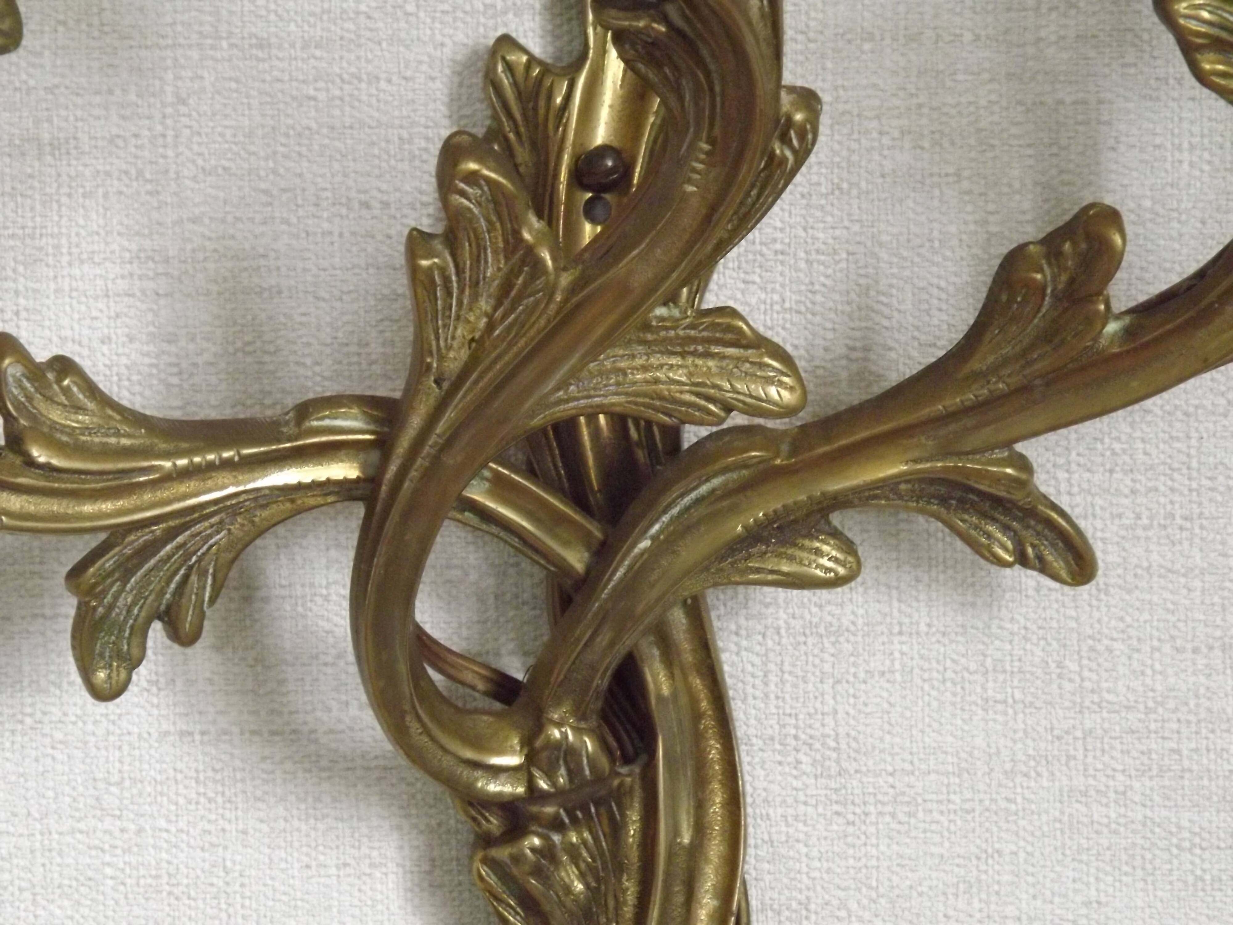 Magnificent Pair of French Antique Bronze Three-Light Acanthus Wall Sconces