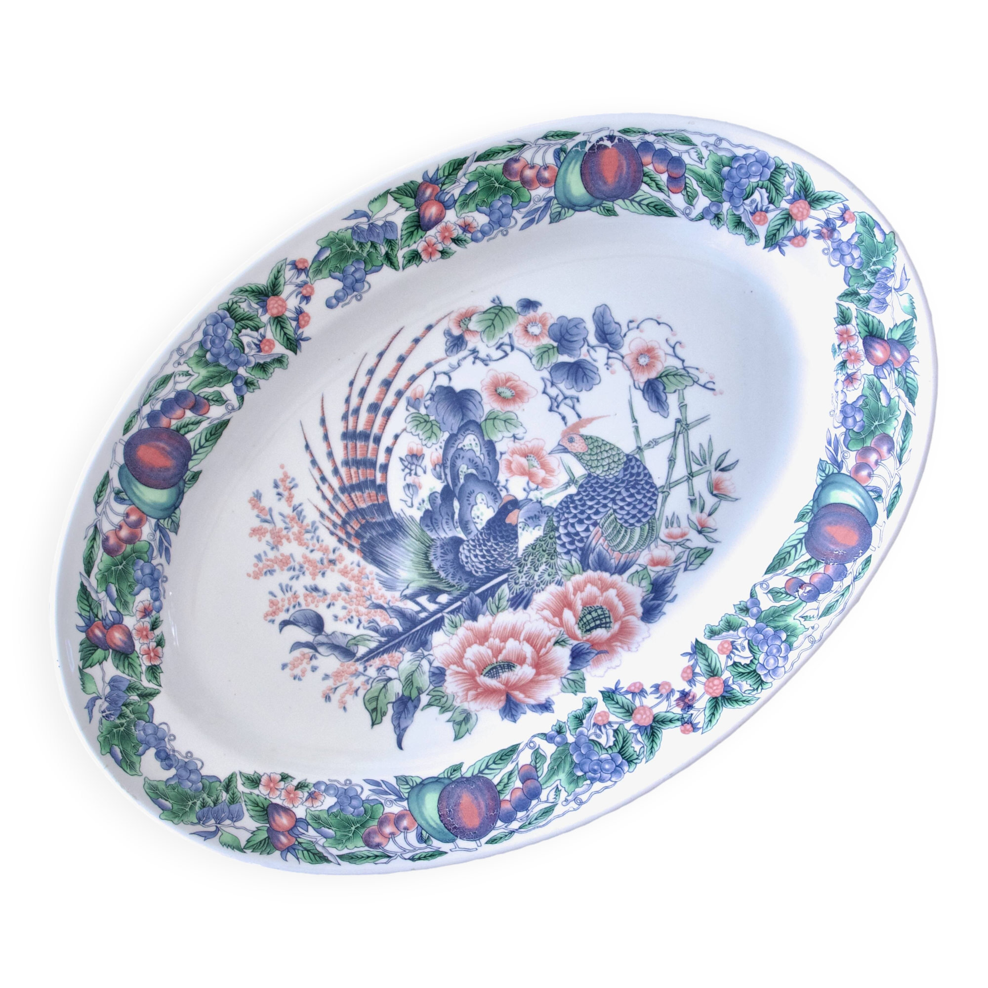 Large vintage Italian oval dish decorated with birds, flowers and fruits