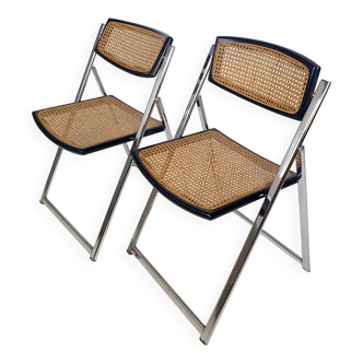 Paire de chaise pliante italienne cannée et acier chromé  vintage 80