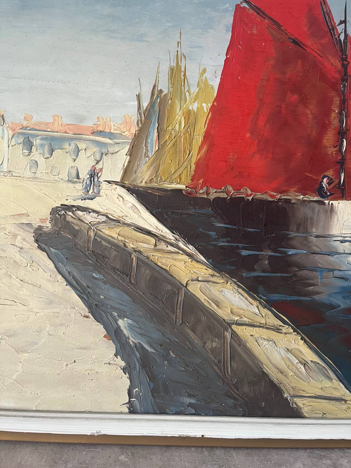 Marine, "Red Sail" technique with knife on panel signed Riccy.