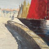 Marine, "Red Sail" technique with knife on panel signed Riccy.