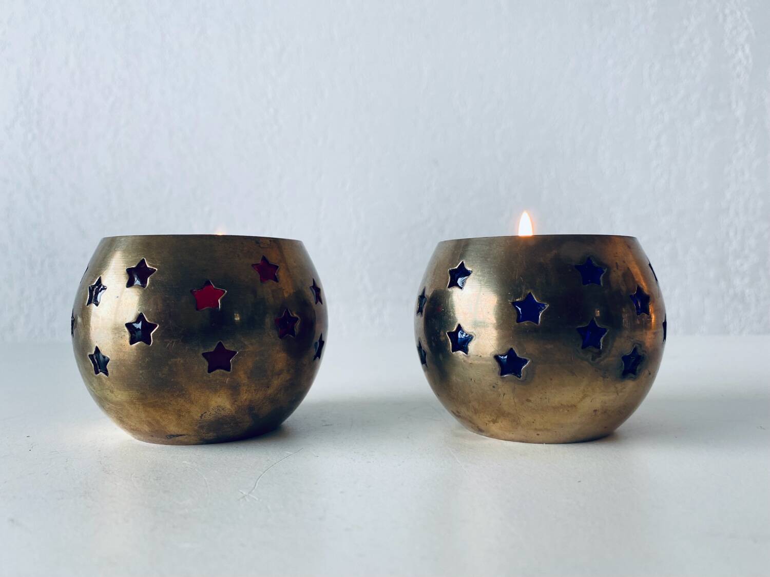 Pair of brass and glass tealight holders